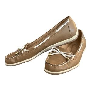 Life Stride Women's Tan Leather Boat Moccasin Loafers with White Lacing Size 9